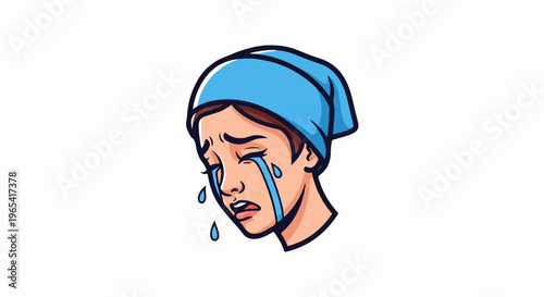 Cartoon of a person in a blue head covering crying