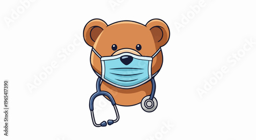 Cute cartoon bear wearing a medical mask and stethoscope