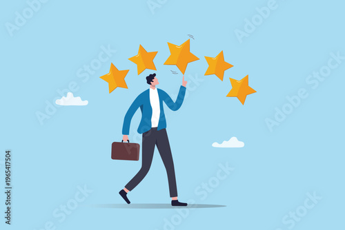 5 Stars performance evaluation, satisfaction or quality feedback review, star rating for appraisal, assessment or appreciation score, businessman employee pointing to 5 stars score rating.