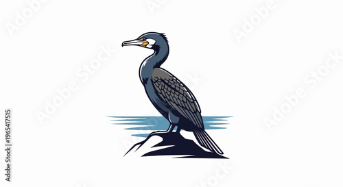 Artistic depiction of a cormorant bird resting by water on a rock