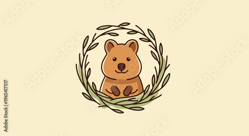 Cute marsupial sits framed by a leafy green wreath