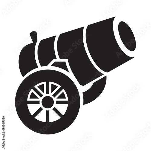 A simple black and white illustration depicting an antique cannon on wheels