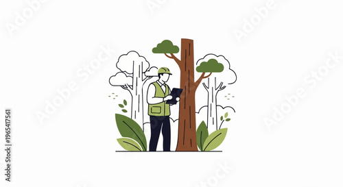Forester inspecting trees with tablet in a stylized forest setting