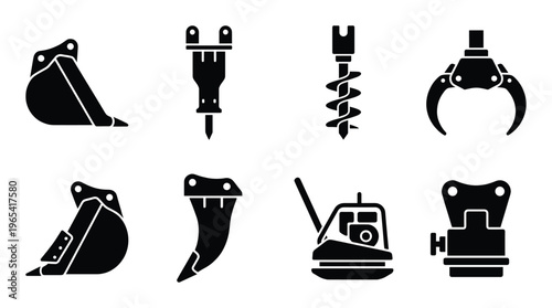 Construction tools icons bucket drill jackhammer claw attachment compactor soil tamper bulldozer blade