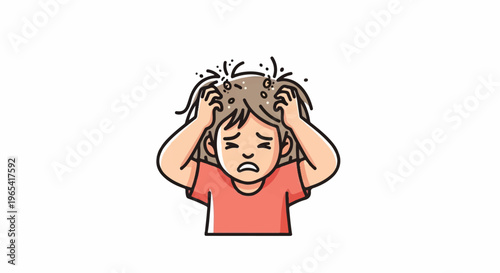 Distressed child scratching itchy head, hair full of dandruff