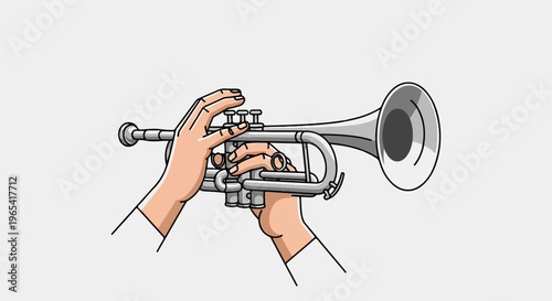Hands playing a silver trumpet with valves pressed on a light grey background