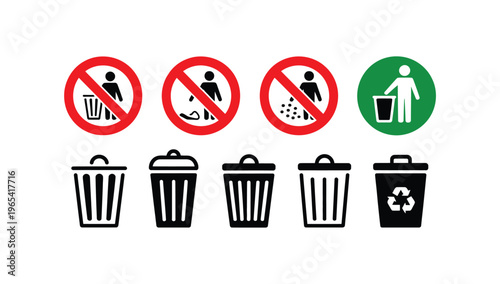 Waste Management And Recycling Icon Set, Symbols With Red Prohibition Sign Indicating No Littering, Illegal Dumping, Or Restricted Waste, Minimal Flat Icons For Environmental Protection
