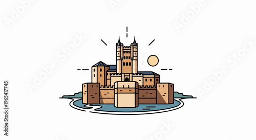 Stylized ancient fortress with towers, walls, and a moat under a sun