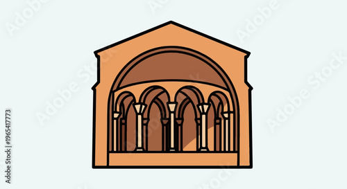 Stylized architectural drawing of a building facade with arches and columns