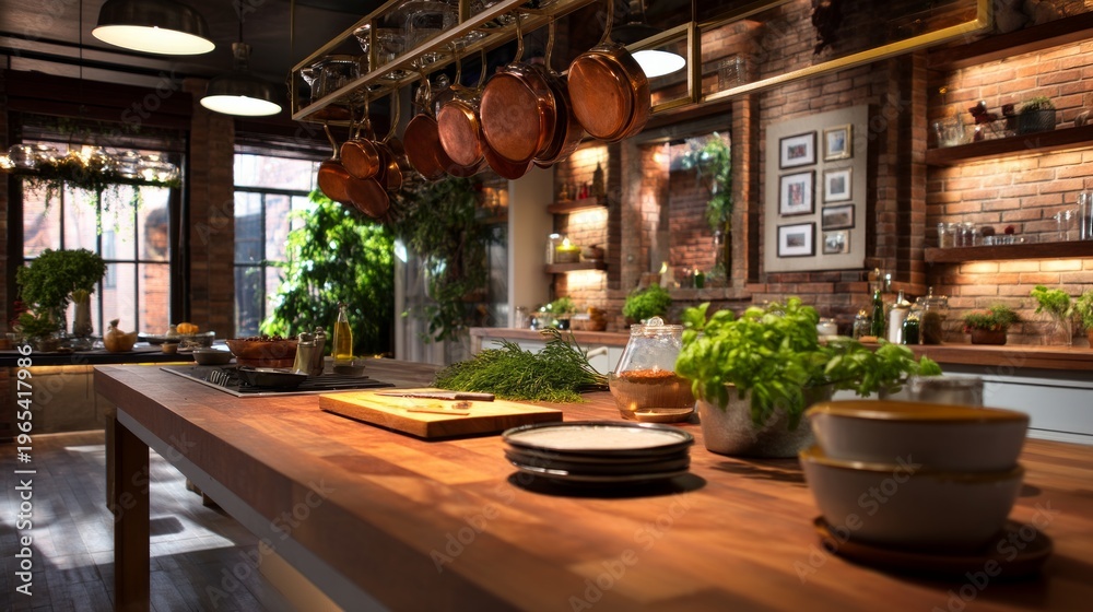 Fototapeta premium Spacious and Stylish Chef Kitchen Studio with Warm Overhead Lighting