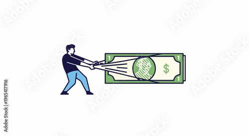 Man pulls on a dollar bill, stretching it