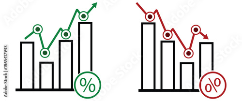 Outline Bar Charts with Green Rising and Red Falling Line Graphs and Percentage Signs Representing Stock Market Volatility, Interest Rate Trends, and Growth.