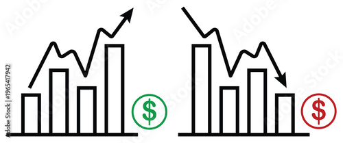 Financial Bar Charts with Upward and Downward Line Graphs and Dollar Symbols Representing Stock Market Volatility, Profit Success, and Economic Loss Trends.