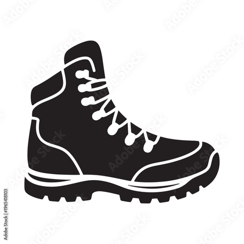 A black and white silhouette of a single hiking boot side profile view