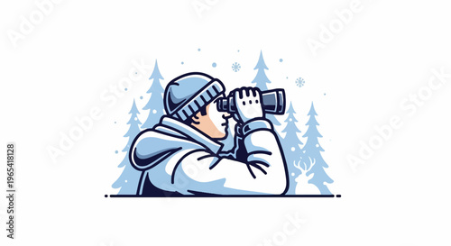 Person in warm clothing looking through binoculars in a snowy forest with deer