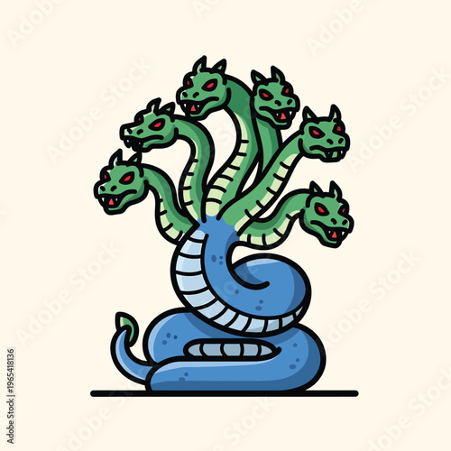 A stylized illustration features a mythical creature with multiple green heads and red eyes atop a blue serpentine body