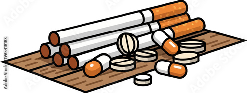 Pile of cigarettes and assorted pills on a wooden surface