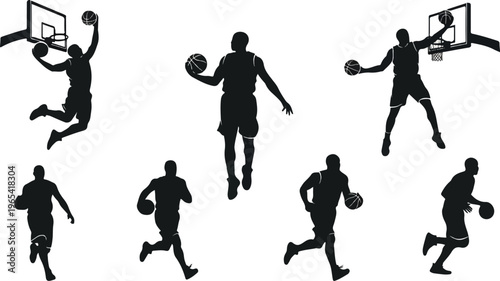 Silhouettes of basketball players in various action poses on a white background