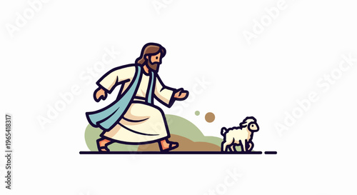 Stylized depiction of a shepherd leading a lamb across a hilly landscape