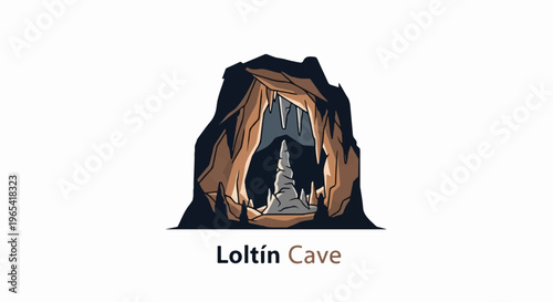 A pixelated illustration of a dark cave entrance with stalactites and stalagmites
