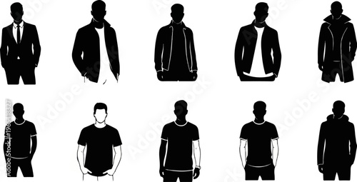 Silhouettes of men in various outfits, including suits, jackets, and casual wear