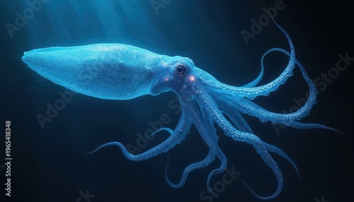 Giant blue squid floats in dark deep sea. Creature has bioluminescent spots. Light rays penetrate water from above. Underwater life glows mysteriously in abyss.