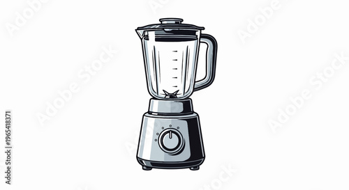 A monochrome illustration of a modern blender with a glass pitcher and chrome accents