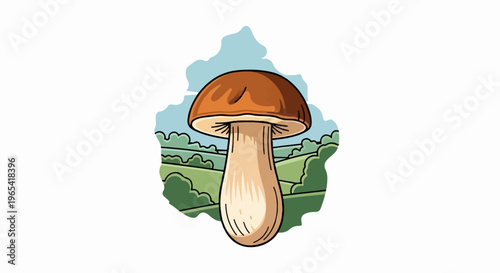 A large edible mushroom stands tall in a rolling green landscape