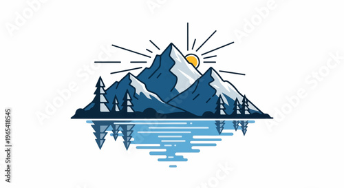 Stylized snow-capped mountains with a sunburst over a reflective lake