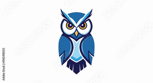 Stylized blue owl illustration on a white background