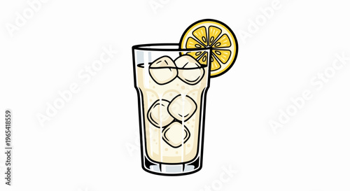 Tall glass of lemonade with ice and lemon slice garnish