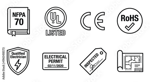 Electrical safety and compliance symbols including NFPA, UL, CE, RoHS and electrician