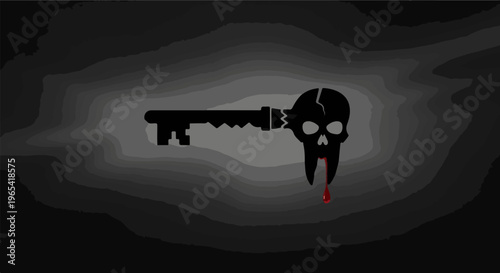 A dark key with a skull for its head drips blood onto a gradient background