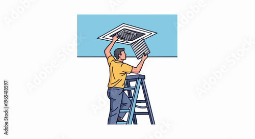 Technician on ladder installing air conditioning vent filter indoors