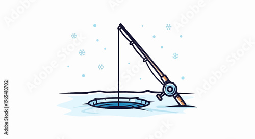 Ice fishing rod set up over a hole in frozen water with falling snowflakes