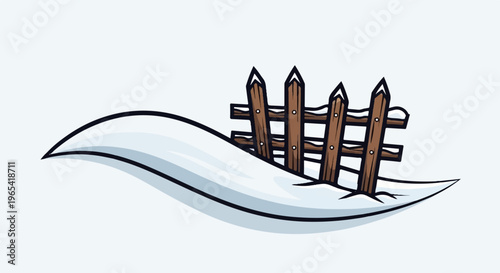 A cartoon style depiction of a wooden fence partially buried in snow