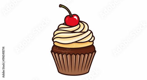 A chocolate cupcake with vanilla frosting and a cherry on top