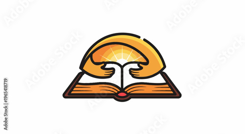 Two open hands embracing a radiant sun rising from an open book