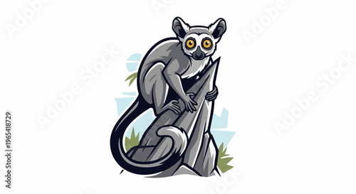 A cartoon lemur clings to a stylized rock with grass and blue shapes