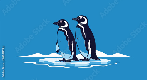 Two penguins stand on an ice floe against a bright blue backdrop
