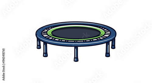 A cartoon illustration of a round trampoline with a dark blue frame and legs