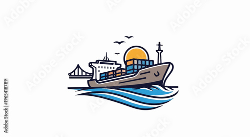 A cargo ship sails on blue waves near a bridge and sunset