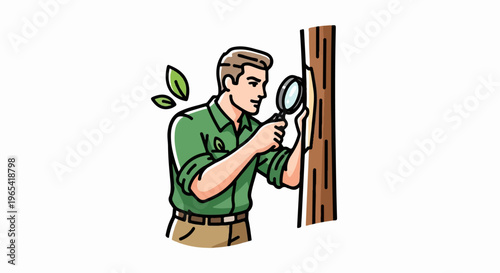Man in green shirt examines tree bark with magnifying glass