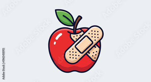 Red apple with leaf and stem bandaged with two adhesive strips