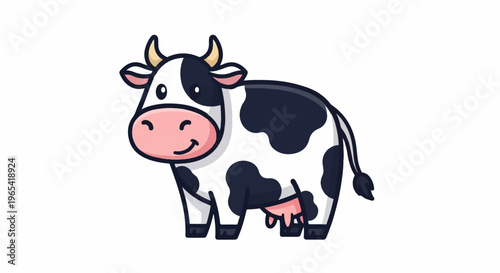 Whimsical cartoon cow with black and white spots, pink cheeks, and horns