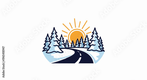 Winter road through snowy trees with a bright sun