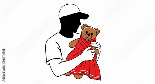 Silhouette man in cap holds plush bear wrapped in red blanket
