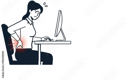 Woman at desk experiencing back pain, red heat radiating from lower back