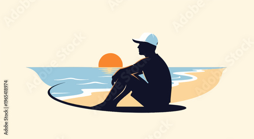 Silhouette of a person in a cap sitting on a beach watching the sunset over the ocean