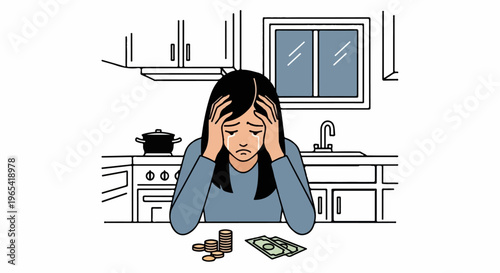 Woman distressed at kitchen table with coins and bills